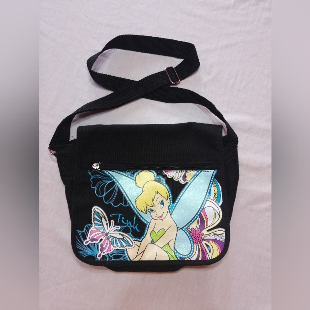 Disney Black Tinker Bell Glitter Crossbody Messenger Bag